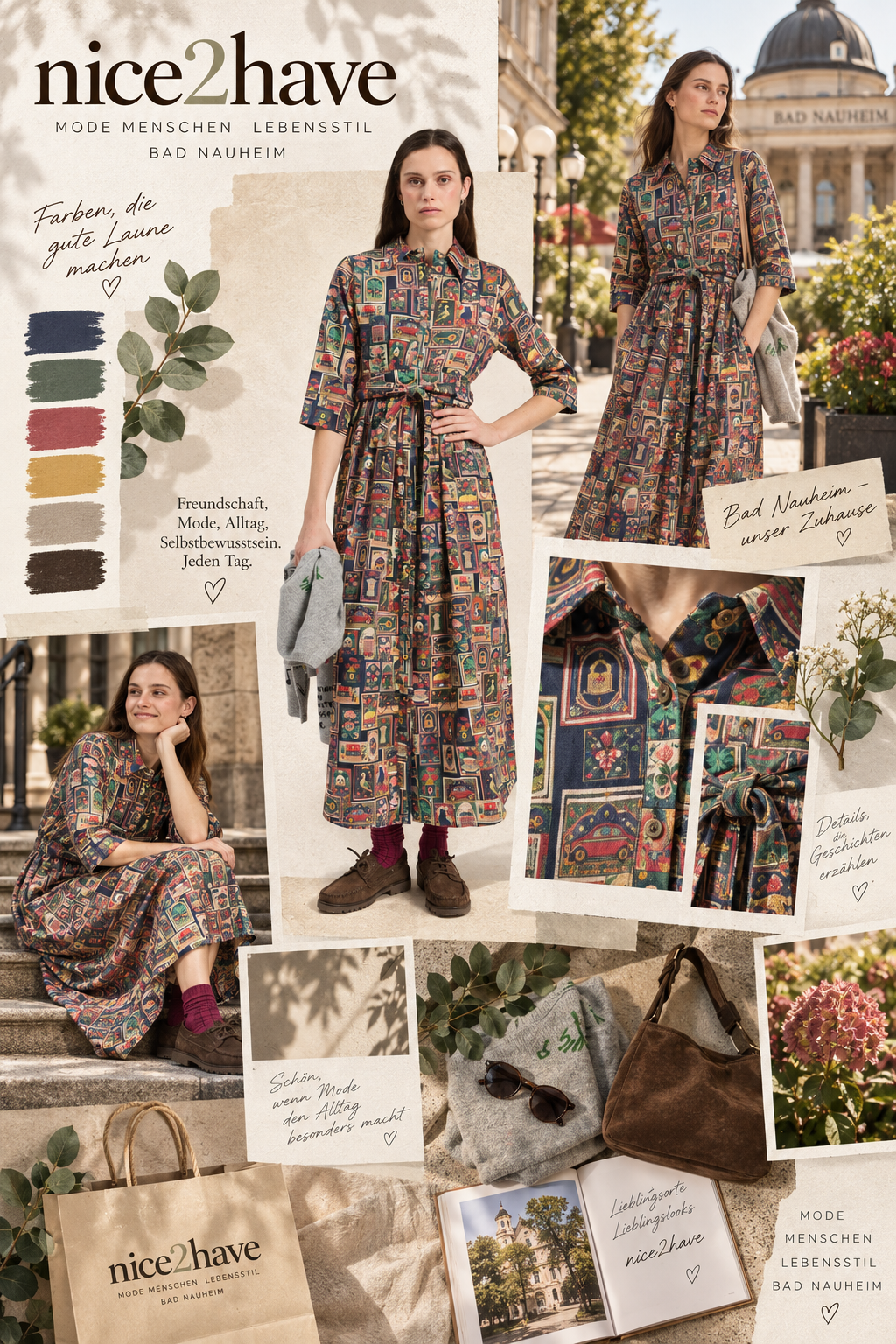Moodboard - Inspiration für Mehrfarbiges langes Kleid mit Poster-Motiven und Bindegürtel