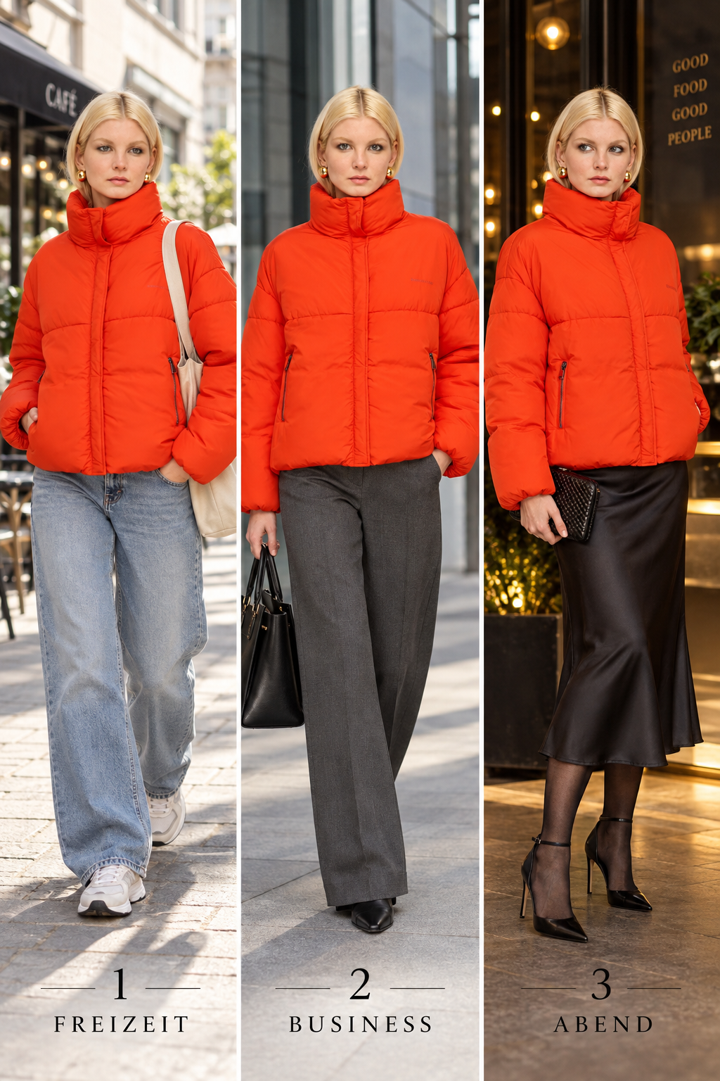 Drei Styling-Ideen für Daunenjacke Opalin: Freizeit, Business und Abend