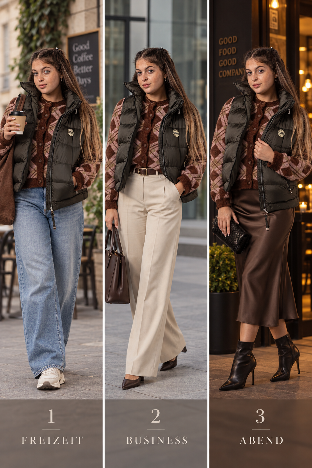 Drei Styling-Ideen für Steppweste AREZO: Freizeit, Business und Abend