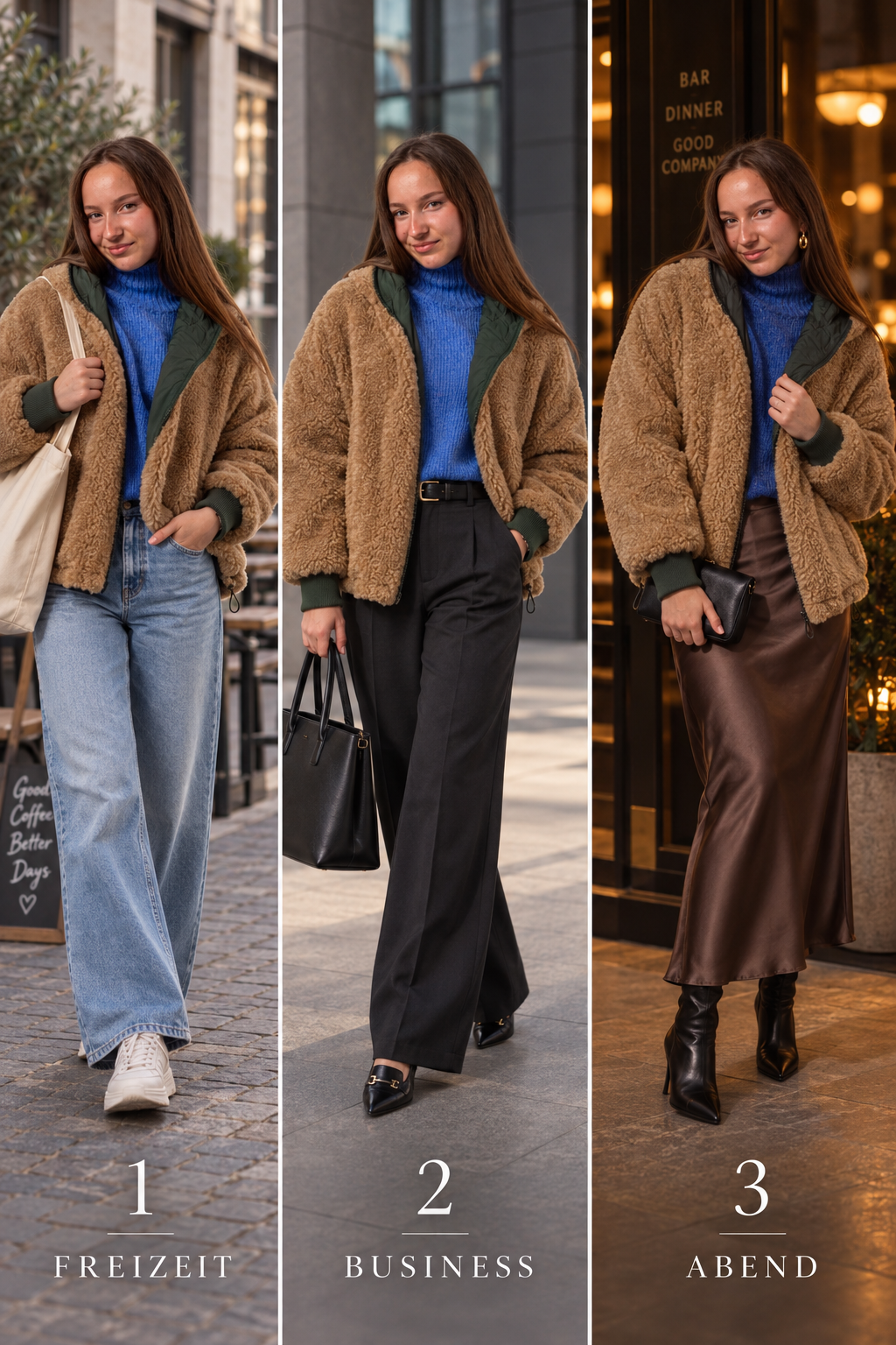 Drei Styling-Ideen für Wendejacke ARNO mit Teddy: Freizeit, Business und Abend