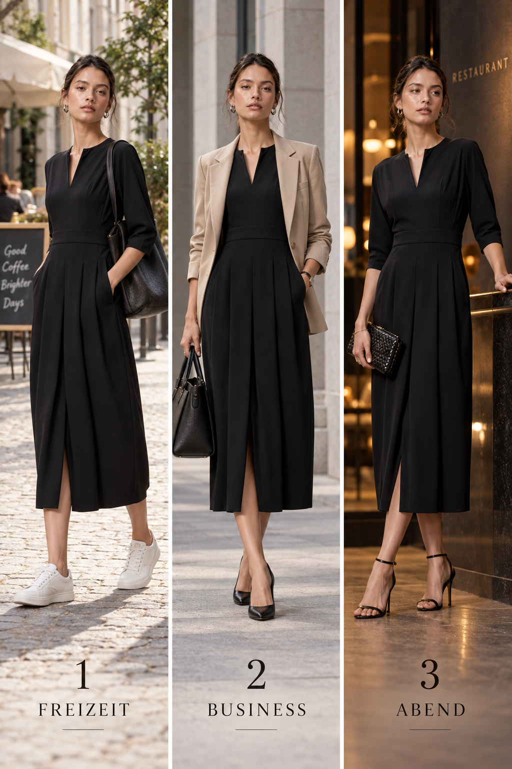 Drei Styling-Ideen für Maxikleid GAARA: Freizeit, Business und Abend