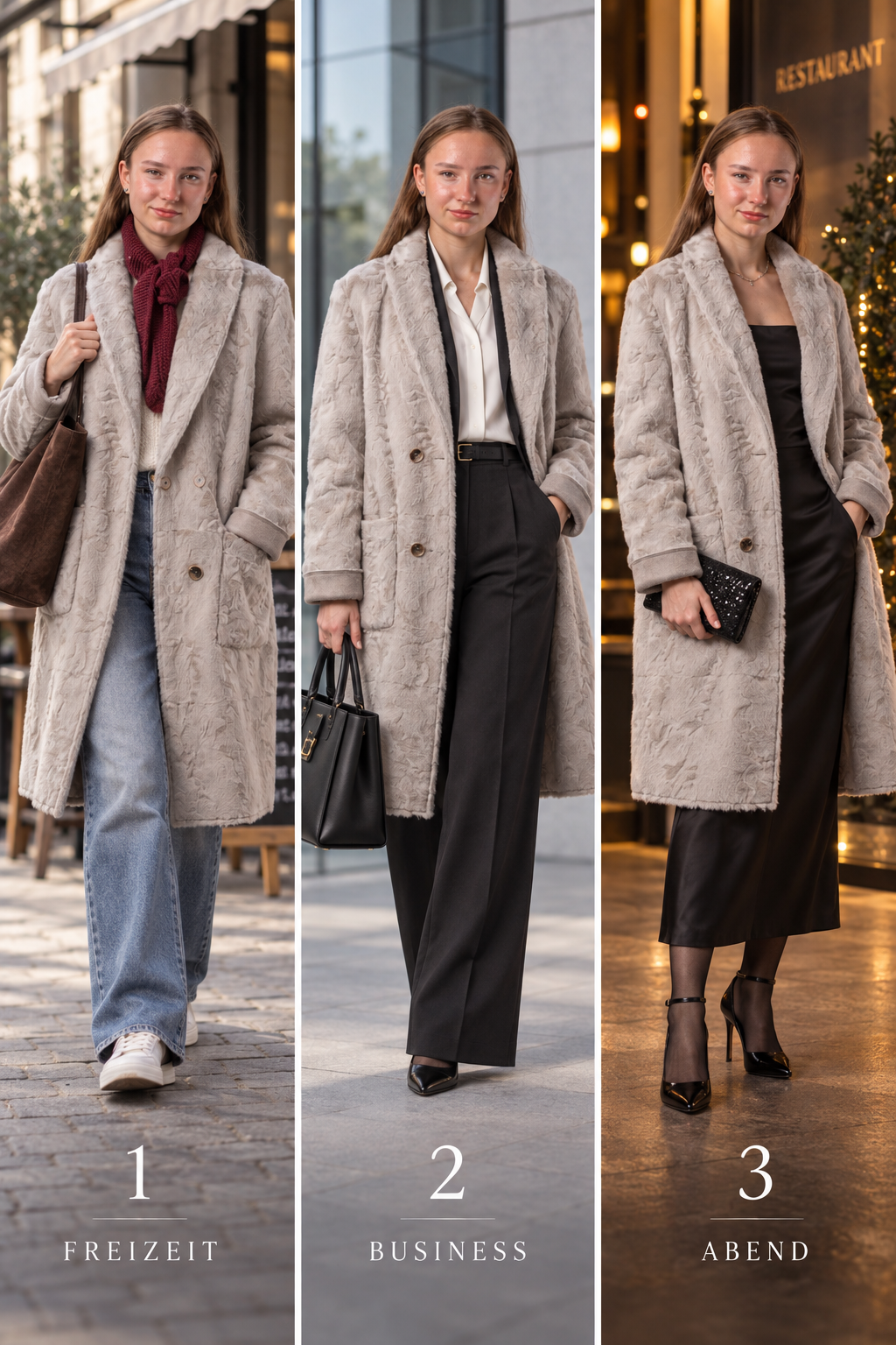Drei Styling-Ideen für Wendemantel in Breitschwanz-Optik: Freizeit, Business und Abend