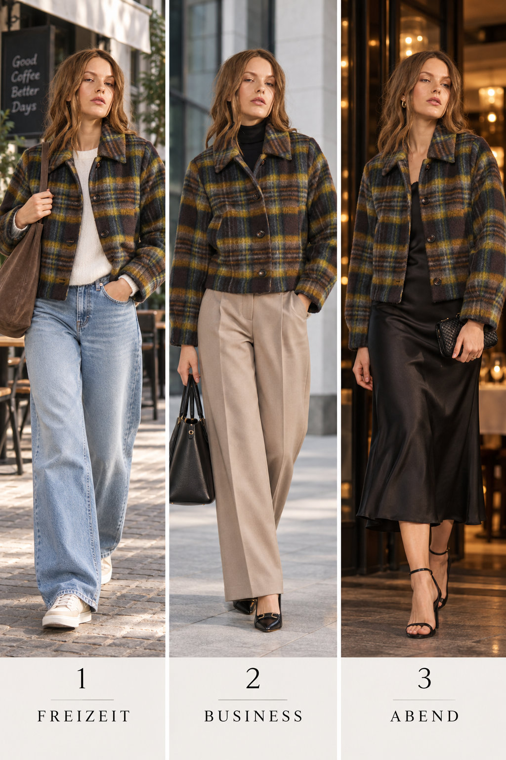 Drei Styling-Ideen für Karoblouson Nujenta: Freizeit, Business und Abend