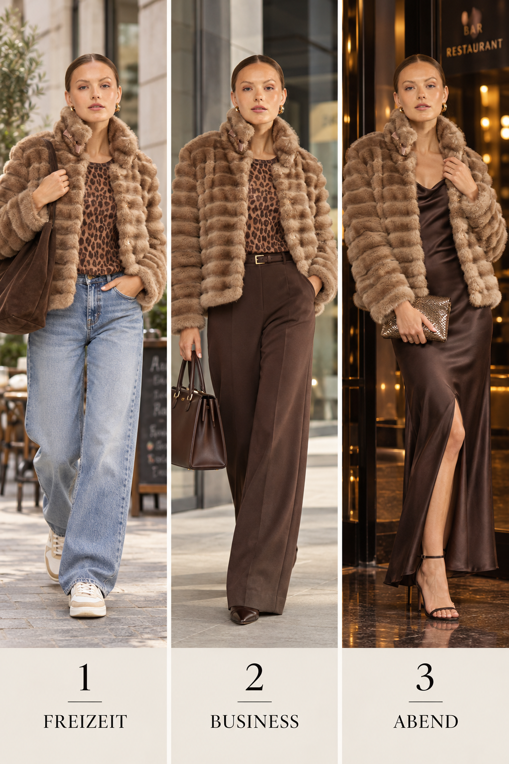 Drei Styling-Ideen für Fakefur Kurzjacke Nuvita: Freizeit, Business und Abend