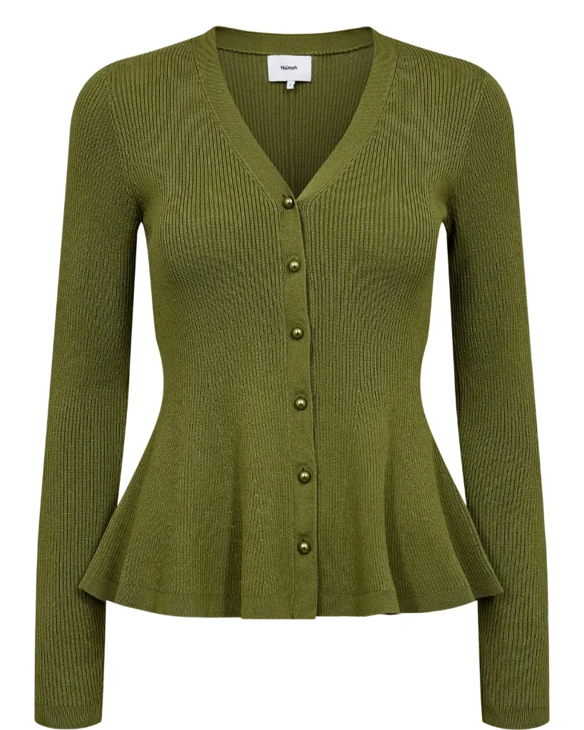 NUSIRA Feinstrick-Cardigan mit Schößchen in Olivgrün