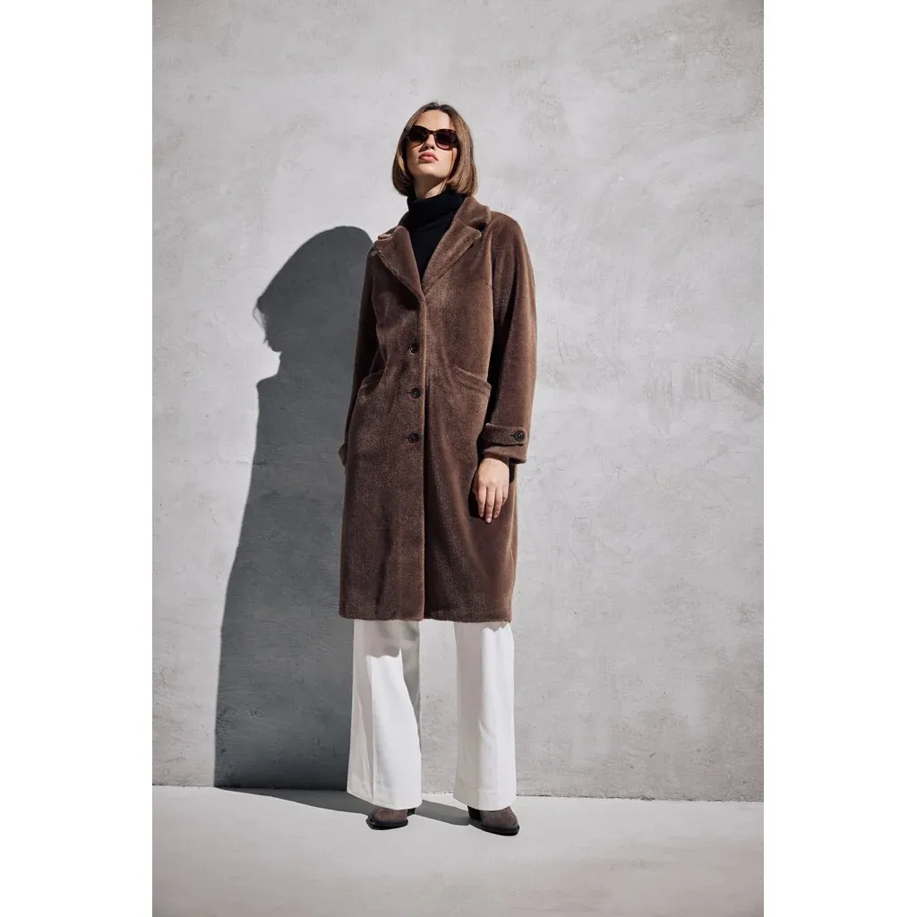 [P3542_40506_BN-38] Eleganter Fake-Fur-Mantel mit Reverskragen (38)