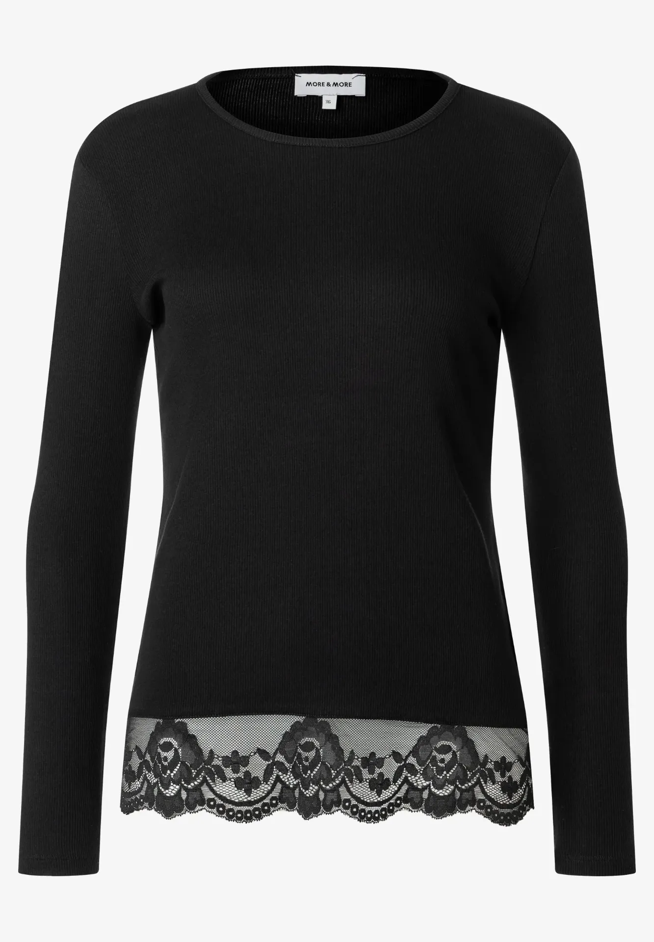 [P3560_30082_SW-34] Langarm T-Shirt mit Spitzensaum (Schwarz, 34)