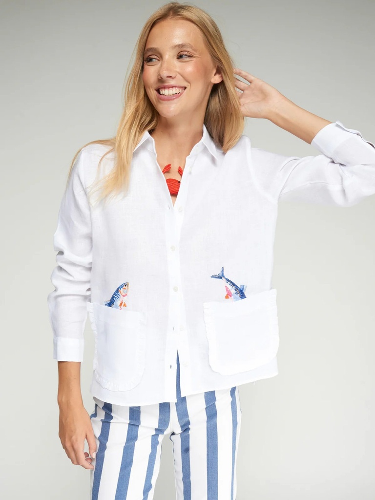 Leinenbluse mit Fisch-Stickerei